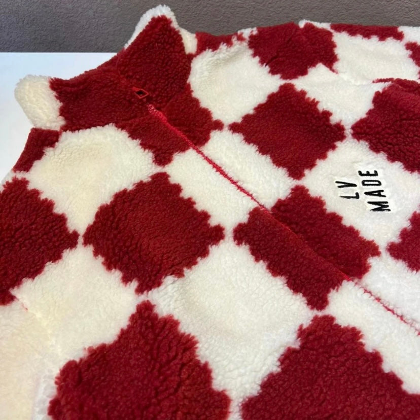 Red & White Checkered Shearling Jacket