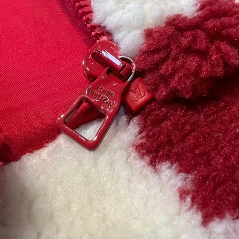 Red & White Checkered Shearling Jacket