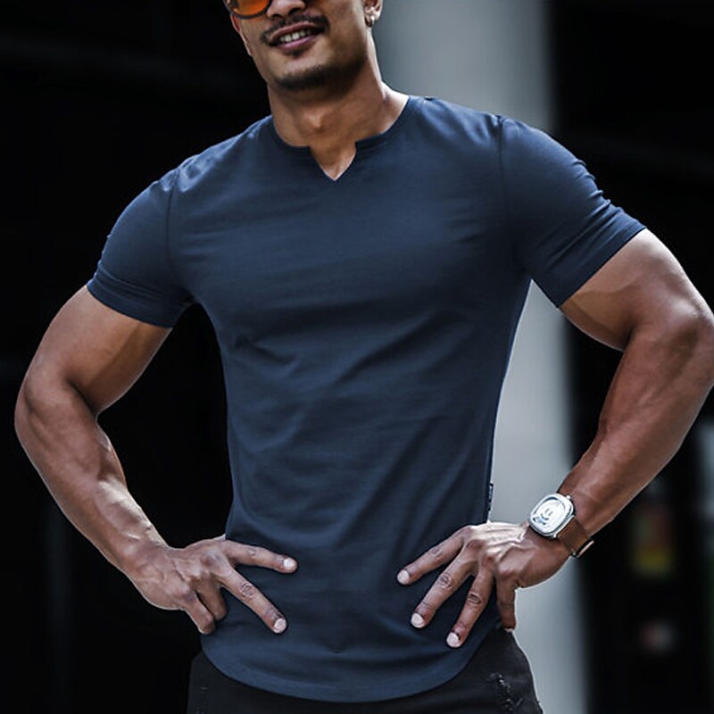 Men's Solid Color V Neck Street Casual Short Sleeve Basic T-shirt
