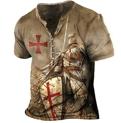 Men's Vintage Templar Cross Henley Collar T-Shirt