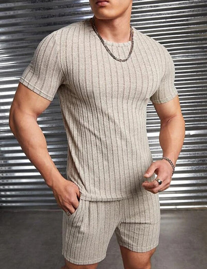 Men's T-shirt Suits Ribbed Knit Tee & Shorts Plain Crew Neck Daily Wear Vacation Short Sleeves Clothing Apparel Gymnatics Casual