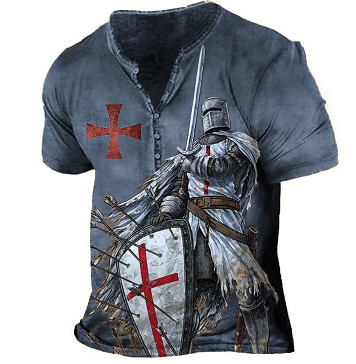 Men's Vintage Templar Cross Henley Collar T-Shirt