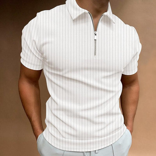 men's striped zipper short sleeve elastic polo shirt top t-shirt