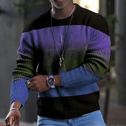 Men'S Tee Waffle Graphic Block Crew Neck 3D Print Outdoor Long Sleeve T-shirts