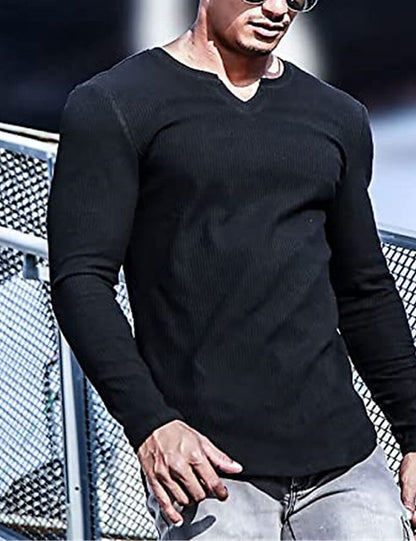 Men's Knitting Basic T-shirt Tee Top Long Sleeve Plain Pit Strip V Neck