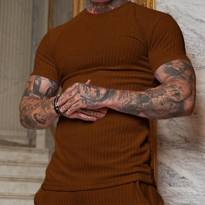 Men's Summer Sports Fitness Leisure  Elastic Vertical Strip Round Neck Short-sleeved T-shirt