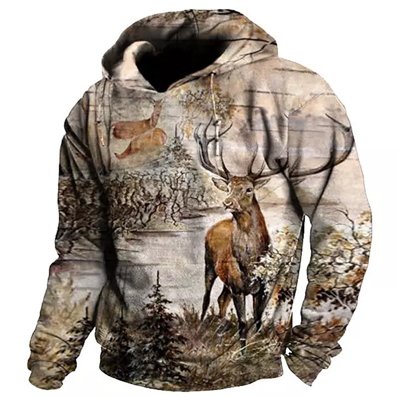 Men's Reindeer Print Pullover Hoodie Sweatshirt Streetwear Hoodies Sweatshirts Long Sleeve