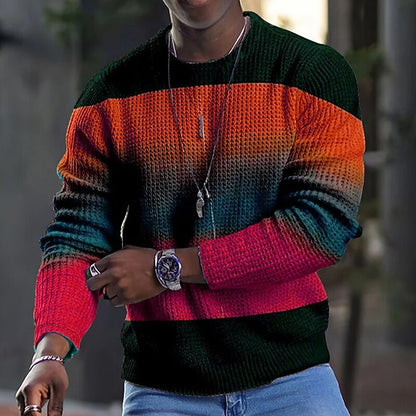 Men'S Tee Waffle Graphic Block Crew Neck 3D Print Outdoor Long Sleeve T-shirts