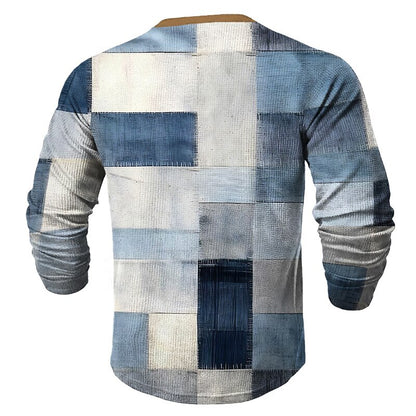 Men's Fashion Casual 3D Printed Waffle Henley Outdoor Holiday Festival Long Sleeve Spring &  Fall Clothing T-Shirt
