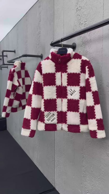 Red & White Checkered Shearling Jacket