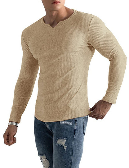 Men's Knitting Basic T-shirt Tee Top Long Sleeve Plain Pit Strip V Neck