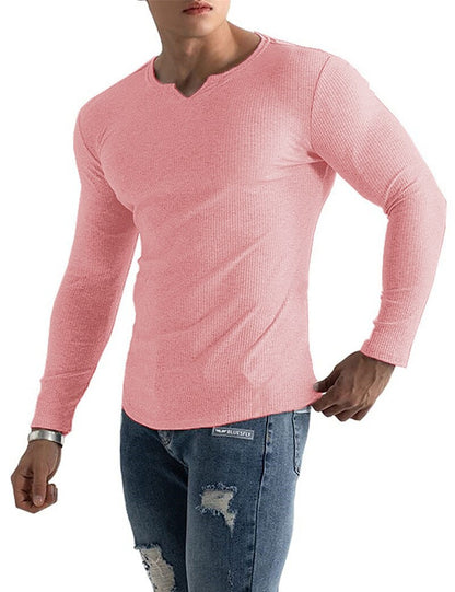 Men's Knitting Basic T-shirt Tee Top Long Sleeve Plain Pit Strip V Neck