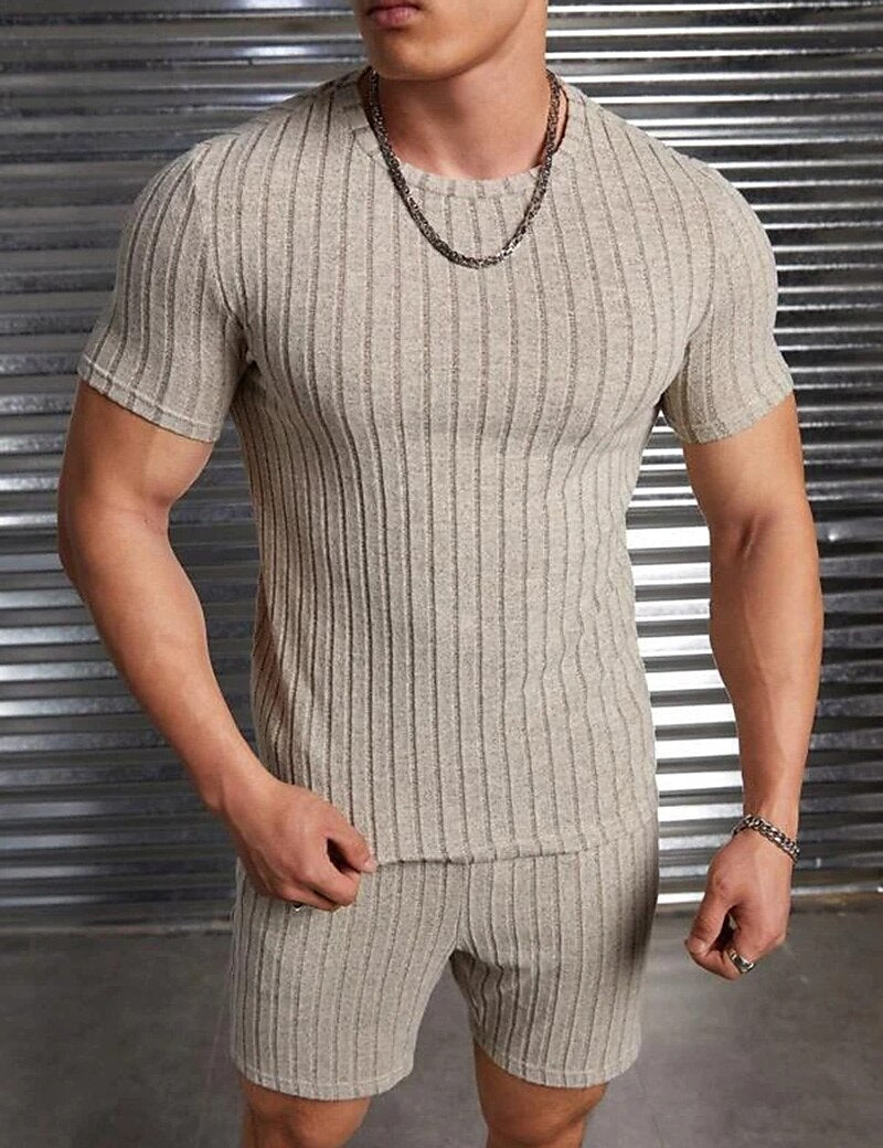 Men's T-shirt Suits Ribbed Knit Tee & Shorts Plain Crew Neck Daily Wear Vacation Short Sleeves Clothing Apparel Gymnatics Casual